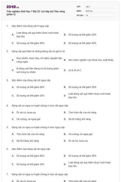 Trắc nghiệm Sinh Học 7 Bài 22: (có đáp án) Tôm sống (phần 2)