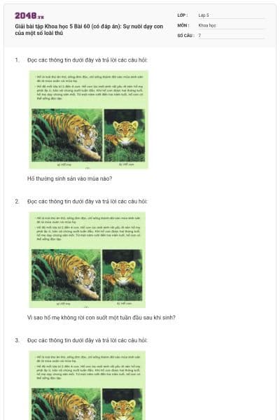 Giải bài tập Khoa học 5 Bài 60 (có đáp án): Sự nuôi dạy con của một số loài thú