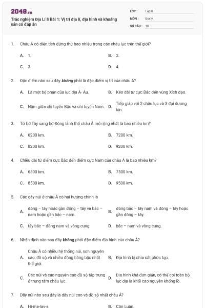 Trắc nghiệm Địa Lí 8 Bài 1: Vị trí địa lí, địa hình và khoáng sản có đáp án