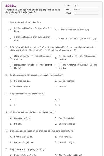 Trắc nghiệm Sinh Học 7 Bài 25: (có đáp án) Nhện và sự đa dạng của lớp hình nhện (phần 2)