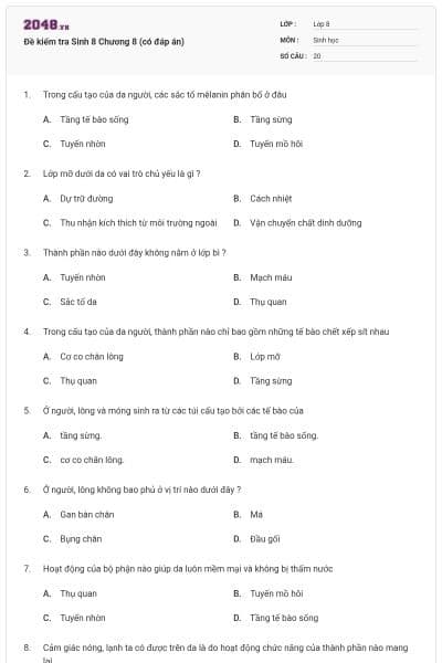 Đề kiểm tra Sinh 8 Chương 8 (có đáp án)