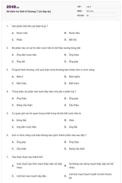 Đề kiểm tra Sinh 8 Chương 7 (có đáp án)