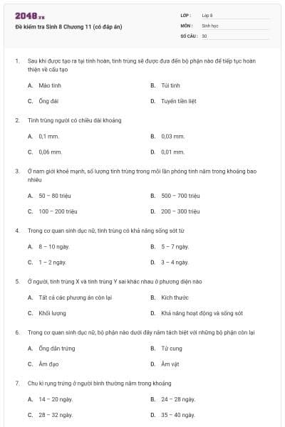 Đề kiểm tra Sinh 8 Chương 11 (có đáp án)