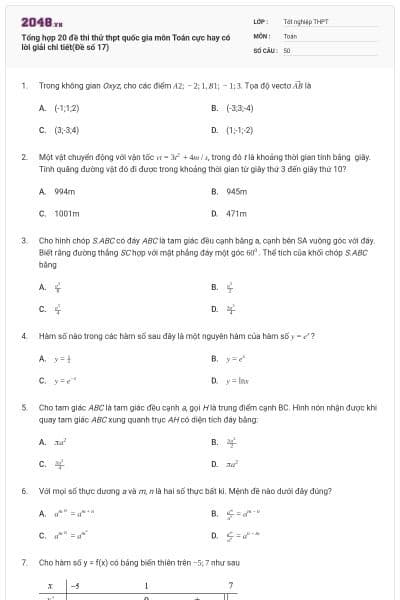 Tổng hợp 20 đề thi thử thpt quốc gia môn Toán cực hay có lời giải chi tiết(Đề số 17)