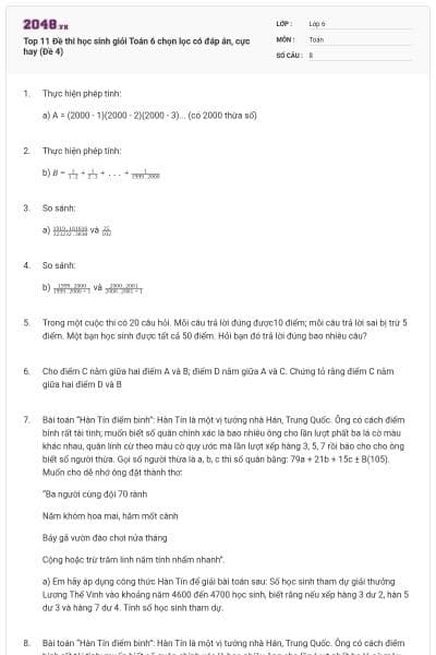 Top 11 Đề thi học sinh giỏi Toán 6 chọn lọc có đáp án, cực hay (Đề 4)
