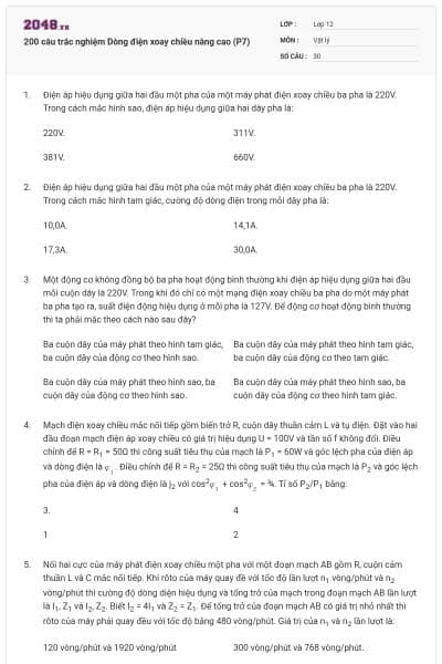 200 câu trắc nghiệm Dòng điện xoay chiều nâng cao (P7)
