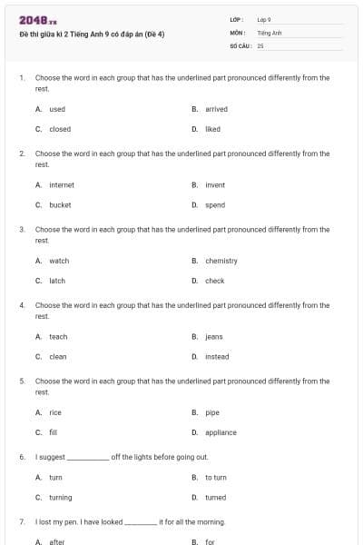 Đề thi giữa kì 2 Tiếng Anh 9 có đáp án (Đề 4)