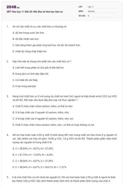 SBT Hóa học 11 Bài 20: Mở đầu về hóa học hữu cơ