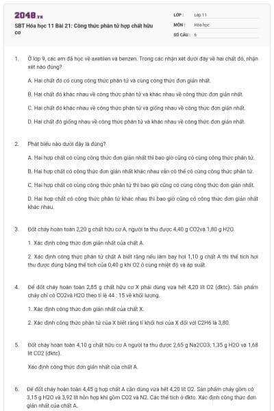 SBT Hóa học 11 Bài 21: Công thức phân tử hợp chất hữu cơ