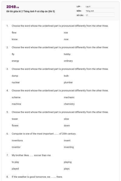 Đề thi giữa kì 2 Tiếng Anh 9 có đáp án (Đề 5)