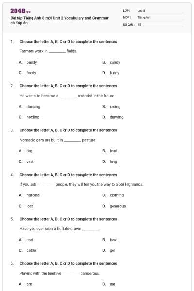 Bài tập Tiếng Anh 8 mới Unit 2 Vocabulary and Grammar có đáp án