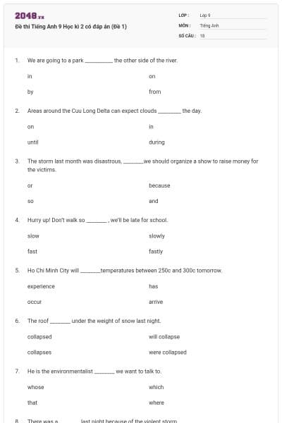 Đề thi Tiếng Anh 9 Học kì 2 có đáp án (Đề 1)