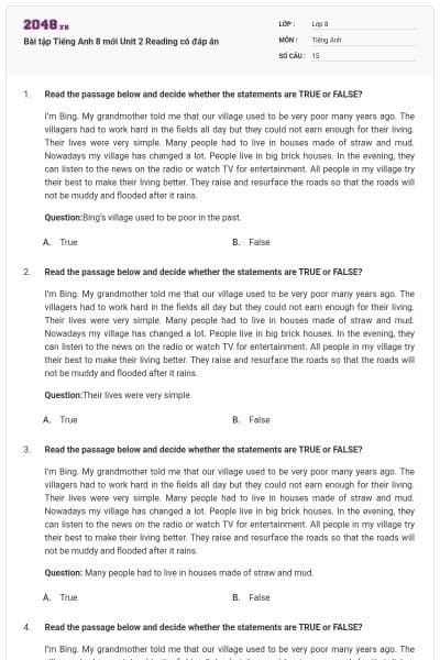 Bài tập Tiếng Anh 8 mới Unit 2 Reading có đáp án