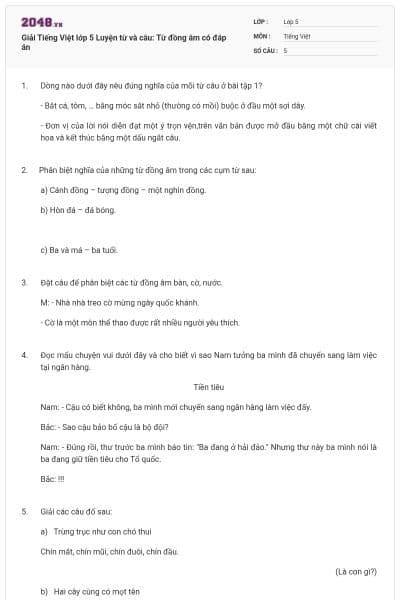 Giải Tiếng Việt lớp 5 Luyện từ và câu: Từ đồng âm có đáp án