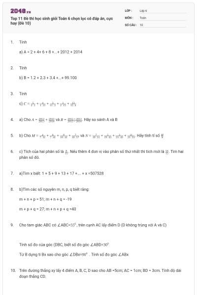 Top 11 Đề thi học sinh giỏi Toán 6 chọn lọc có đáp án, cực hay (Đề 10)