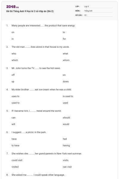 Đề thi Tiếng Anh 9 Học kì 2 có đáp án (Đề 2)