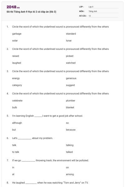 Đề thi Tiếng Anh 9 Học kì 2 có đáp án (Đề 3)