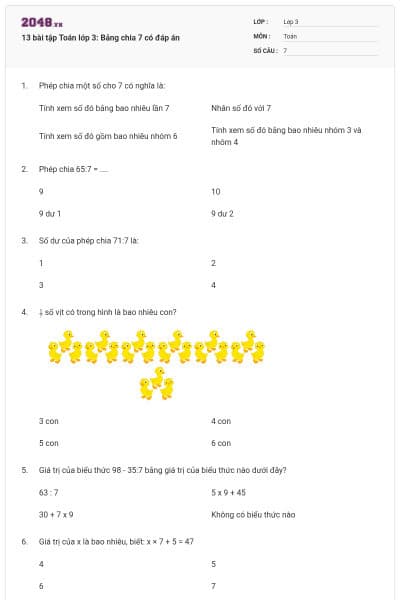 13 bài tập Toán lớp 3: Bảng chia 7 có đáp án