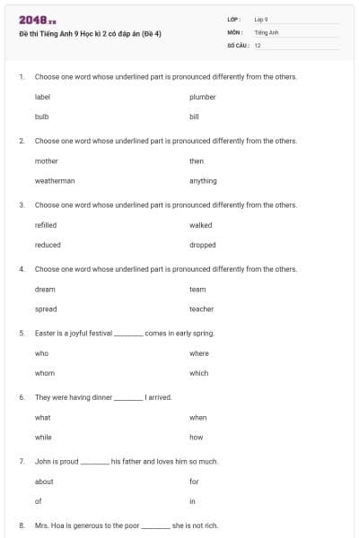 Đề thi Tiếng Anh 9 Học kì 2 có đáp án (Đề 4)