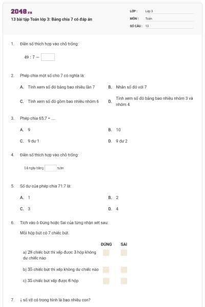 13 bài tập Toán lớp 3: Bảng chia 7 có đáp án