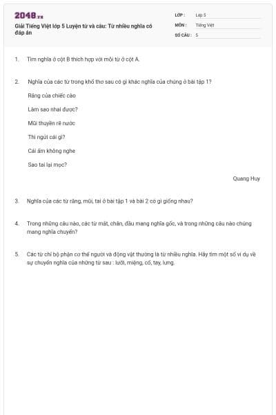 Giải Tiếng Việt lớp 5 Luyện từ và câu: Từ nhiều nghĩa có đáp án