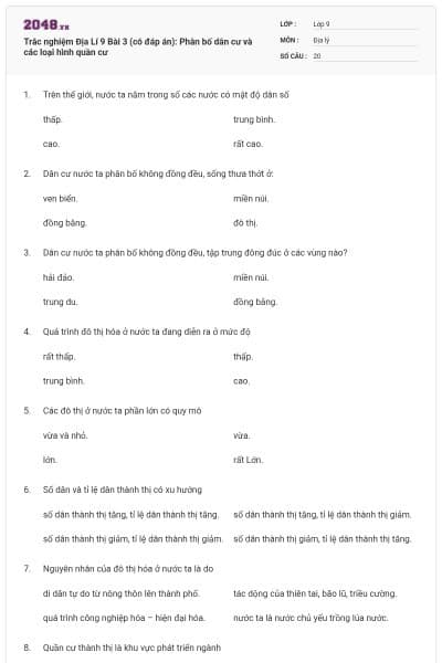 Trắc nghiệm Địa Lí 9 Bài 3 (có đáp án): Phân bố dân cư và các loại hình quần cư