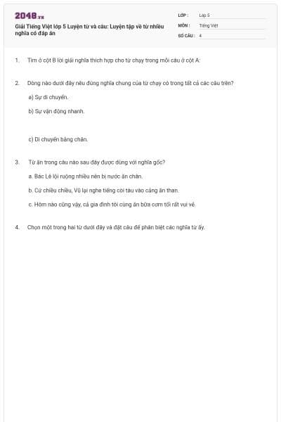 Giải Tiếng Việt lớp 5 Luyện từ và câu: Luyện tập về từ nhiều nghĩa có đáp án