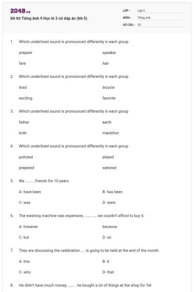 Đề thi Tiếng Anh 9 Học kì 2 có đáp án (Đề 5)