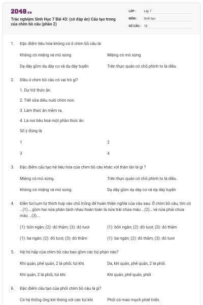 Trắc nghiệm Sinh Học 7 Bài 43: (có đáp án) Cấu tạo trong của chim bồ câu (phần 2)