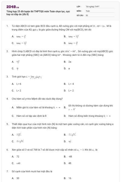 Tổng hợp 25 đề luyện thi THPTQG môn Toán chọn lọc, cực hay có đáp án (đề 8)