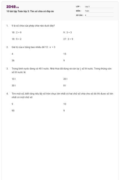 10 bài tập Toán lớp 3: Tìm số chia có đáp án