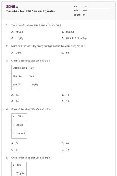 Trắc nghiệm Toán 5 Bài 7: (có đáp án) Vận tốc