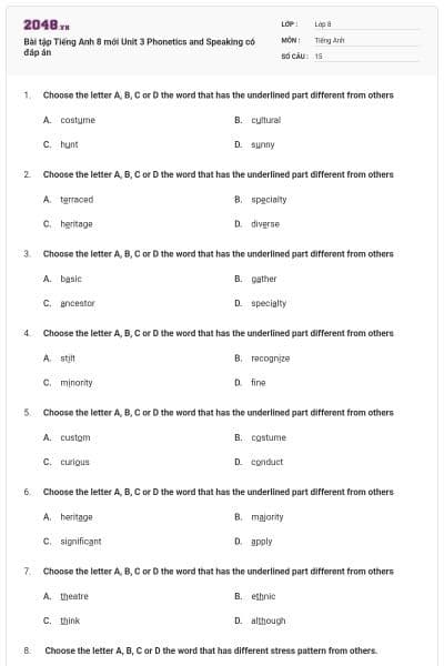 Bài tập Tiếng Anh 8 mới Unit 3 Phonetics and Speaking có đáp án