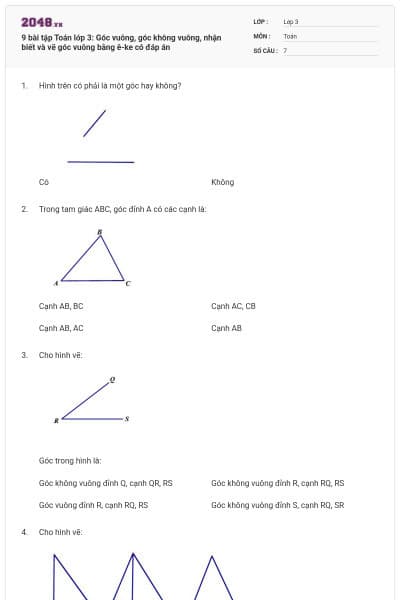 9 bài tập Toán lớp 3: Góc vuông, góc không vuông, nhận biết và vẽ góc vuông bằng ê-ke có đáp án