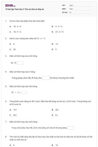 10 bài tập Toán lớp 3: Tìm số chia có đáp án