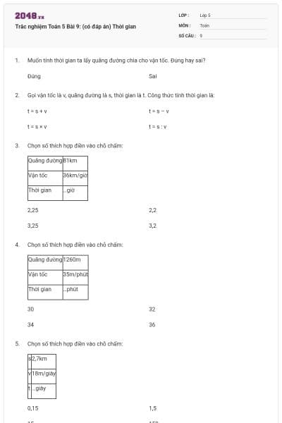 Trắc nghiệm Toán 5 Bài 9: (có đáp án) Thời gian