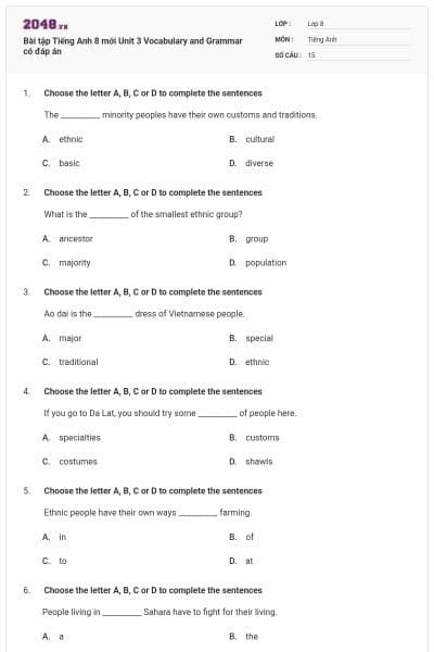 Bài tập Tiếng Anh 8 mới Unit 3 Vocabulary and Grammar có đáp án