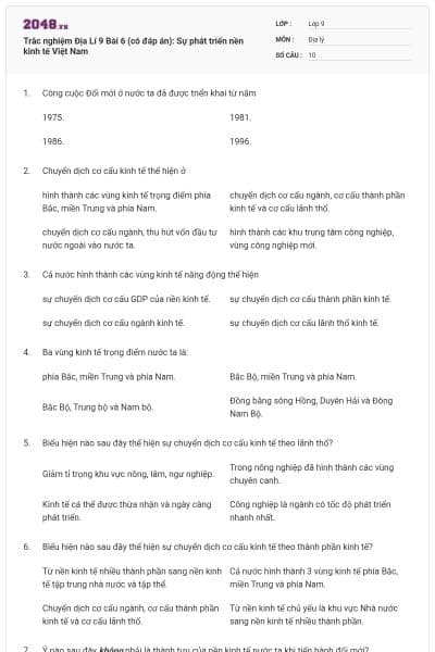 Trắc nghiệm Địa Lí 9 Bài 6 (có đáp án): Sự phát triển nền kinh tế Việt Nam