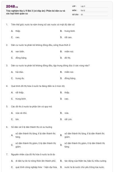 Trắc nghiệm Địa Lí 9 Bài 3 (có đáp án): Phân bố dân cư và các loại hình quần cư