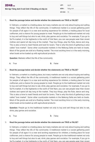 Bài tập Tiếng Anh 8 mới Unit 3 Reading có đáp án