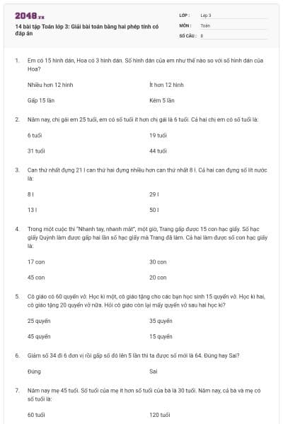 14 bài tập Toán lớp 3: Giải bài toán bằng hai phép tính có đáp án