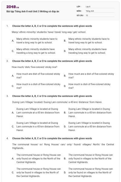 Bài tập Tiếng Anh 8 mới Unit 3 Writing có đáp án