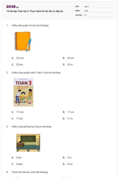 10 bài tập Toán lớp 3: Thực hành đo độ dài có đáp án