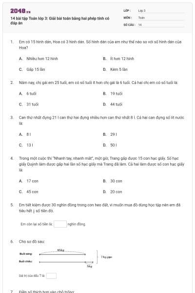 14 bài tập Toán lớp 3: Giải bài toán bằng hai phép tính có đáp án
