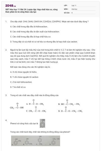 SBT Hóa học 11 Bài 24: Luyện tập: Hợp chất hữu cơ, công thức phân tử và công thức cấu tạo