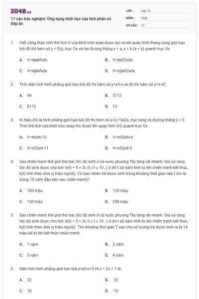 17 câu trắc nghiệm: Ứng dụng hình học của tích phân có đáp án