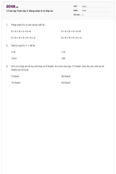 12 bài tập Toán lớp 3: Bảng nhân 8 có đáp án