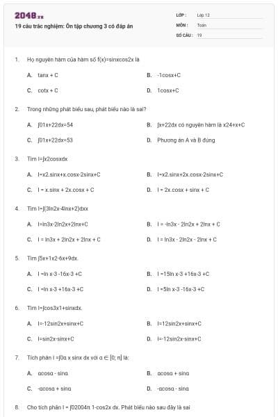 19 câu trắc nghiệm: Ôn tập chương 3 có đáp án