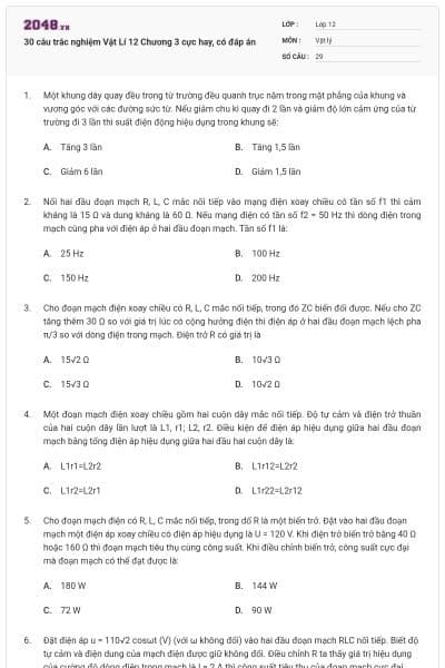 30 câu trắc nghiệm Vật Lí 12 Chương 3 cực hay, có đáp án