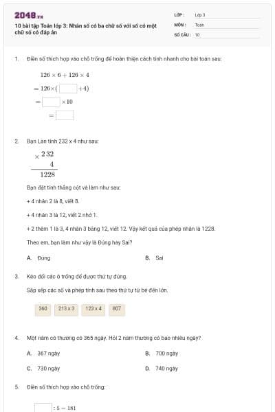 10 bài tập Toán lớp 3: Nhân số có ba chữ số với số có một chữ số có đáp án